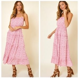 38 Pink ditsy floral square neck smocked boho self tie tiered maxi dress